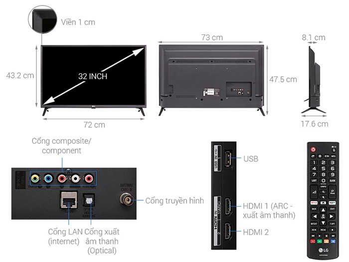 Tivi LG Smart HD 32 inch 32LK540BPTA kích thước