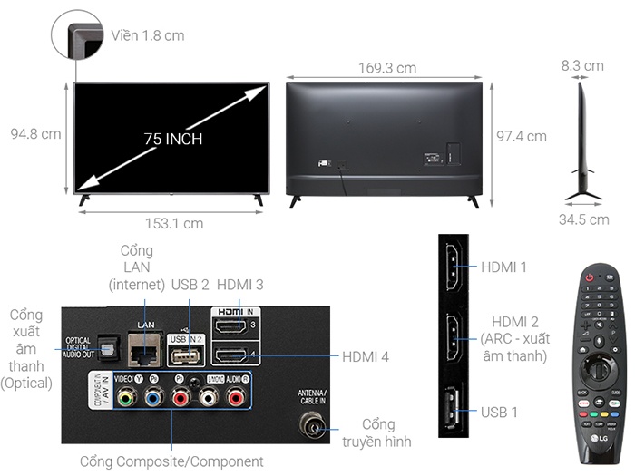 Tivi LG Smart 4K 75 inch 75UK6500PTB kích thước