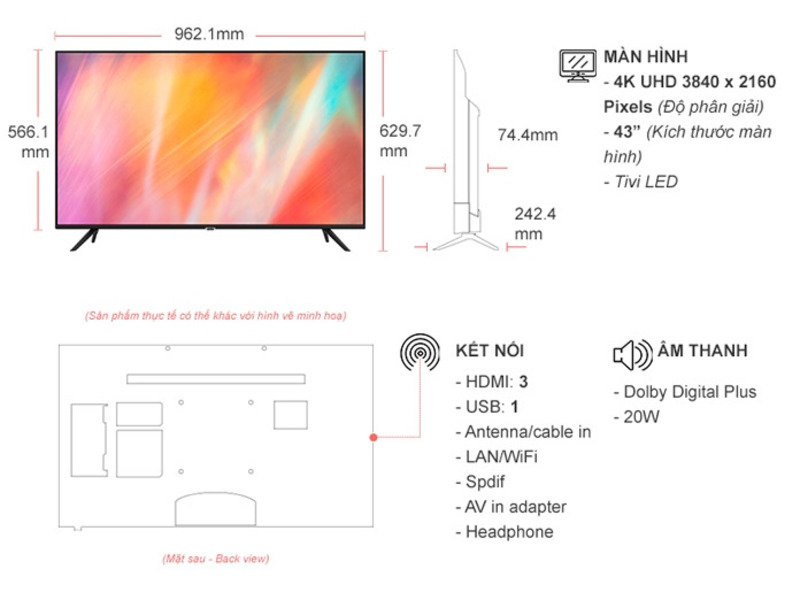 Smart Tivi Samsung 4K 43 inch UA43AU7002 sở hữu thiết kế tinh giản, sang trọng với đường viền đen thanh lịch cùng màn hình phẳng, viền mỏng 3 cạnh 