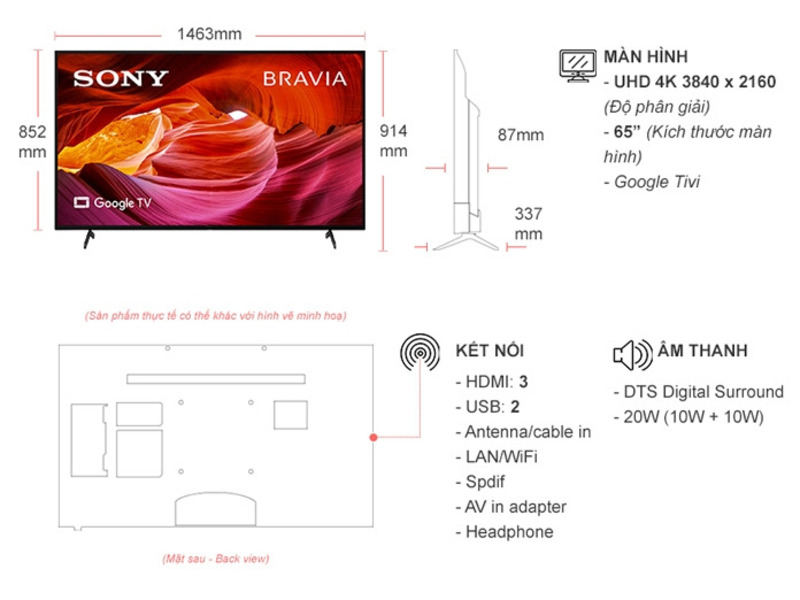Màn hình của Google Tivi Sony 4K 65 inch KD-65X75K sở hữu thiết kế tràn viền, gia tăng diện tích hiển thị của khung hình 