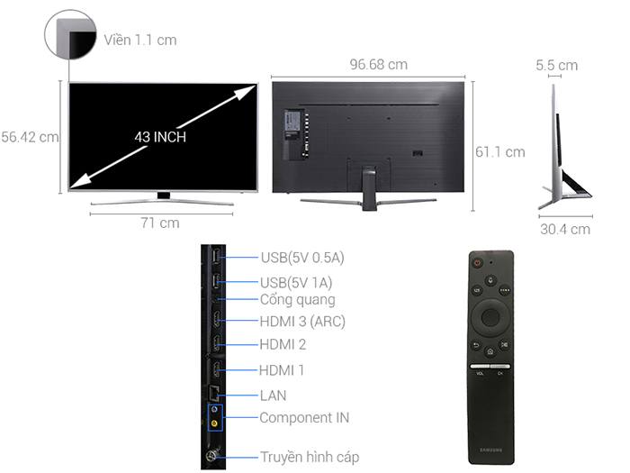Tivi Samsung Smart 4K HDR 43 inch UA43MU6400 kích thước