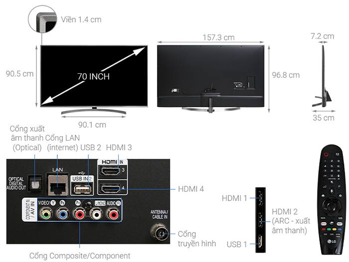 Tivi LG Smart 4K 70 inch 70UK6540PTA kích thước