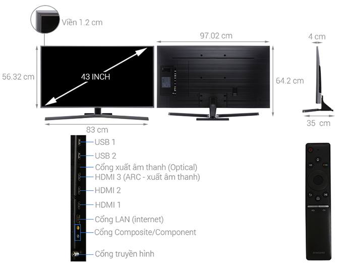 Tivi Samsung Smart 4K HDR 43 inch 43NU7400 kích thước