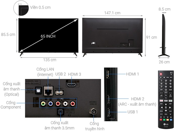 Tivi LG Smart 4K 65 inch 65UK6100PTA kích thước