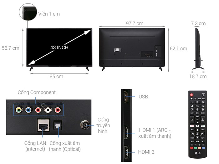 Tivi LG Smart 43 inch 43LK5700PTA kích thước