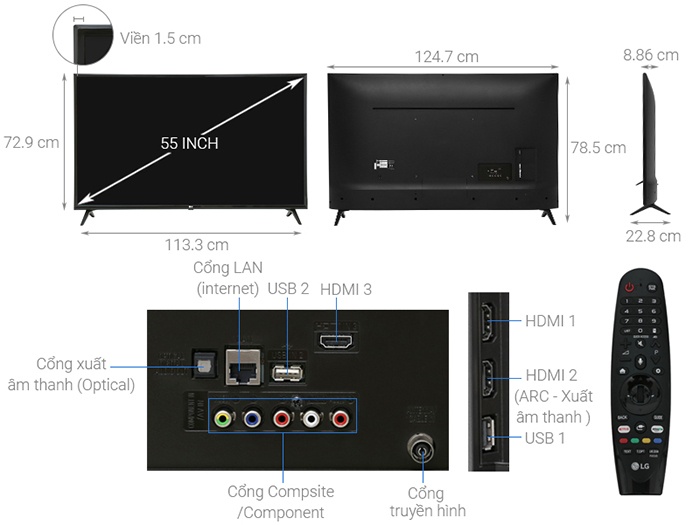 Tivi LG Smart 4K 55 inch 55UK6320PTE kích thước