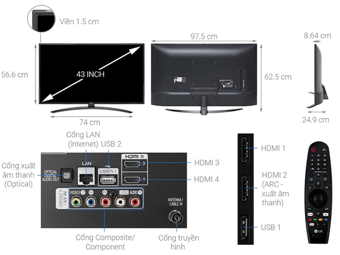 Tivi LG Smart 4K 43 inch 43UM7600PTA kích thước