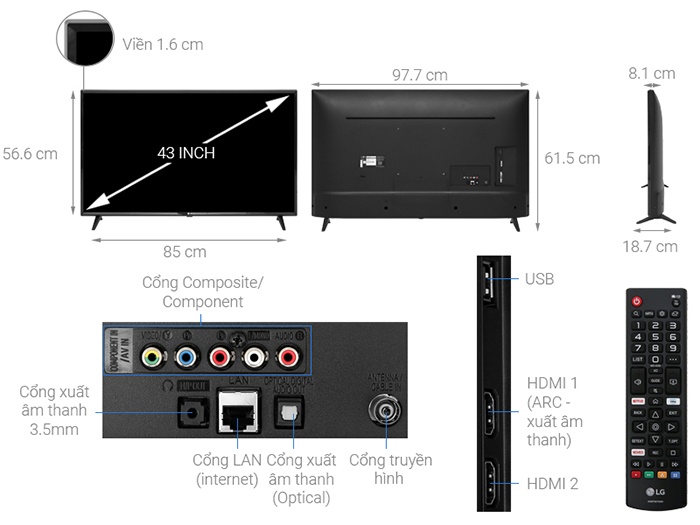 Tivi LG Smart Led Full HD 43 inch 43LM5700PTC kích thước