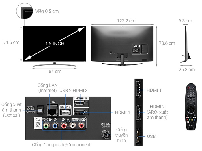 Tivi LG Smart 4K 55 inch 55SM8100PTA kích thước