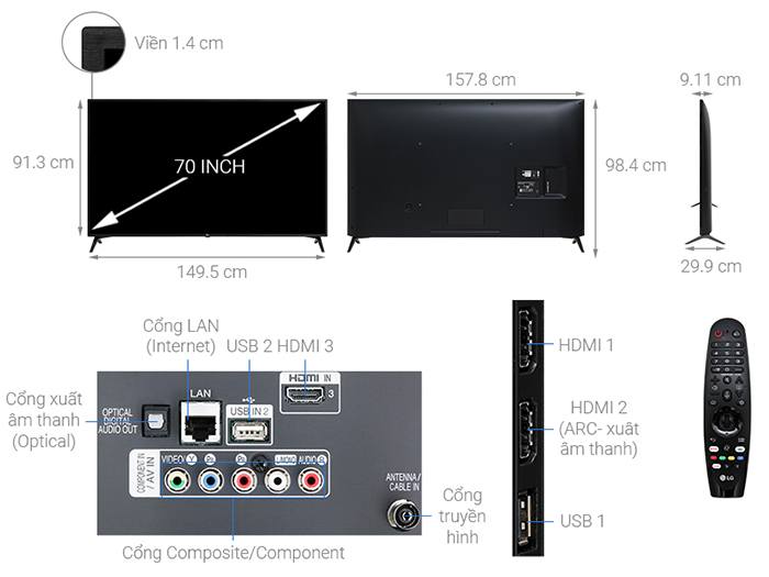 Tivi LG Smart 4K HDR 70 inch 70UM7300PTA kích thước