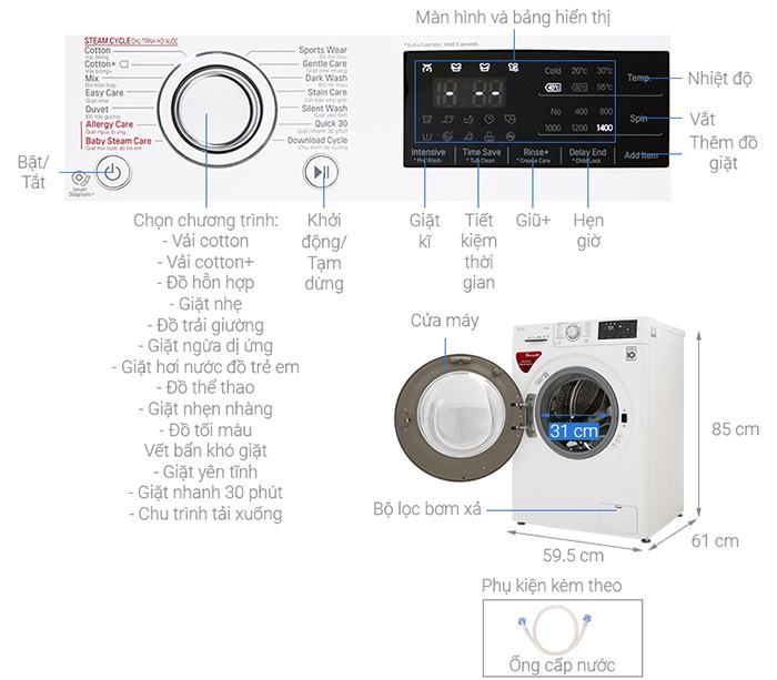 Máy giặt LG Inverter 9 kg cửa trước FC1409S4W kích thước