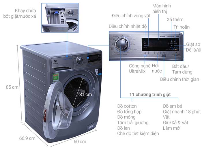 Máy giặt Electrolux 9.5KG inverter lồng ngang EWF12935S - xám bạc công nghệ Utramix