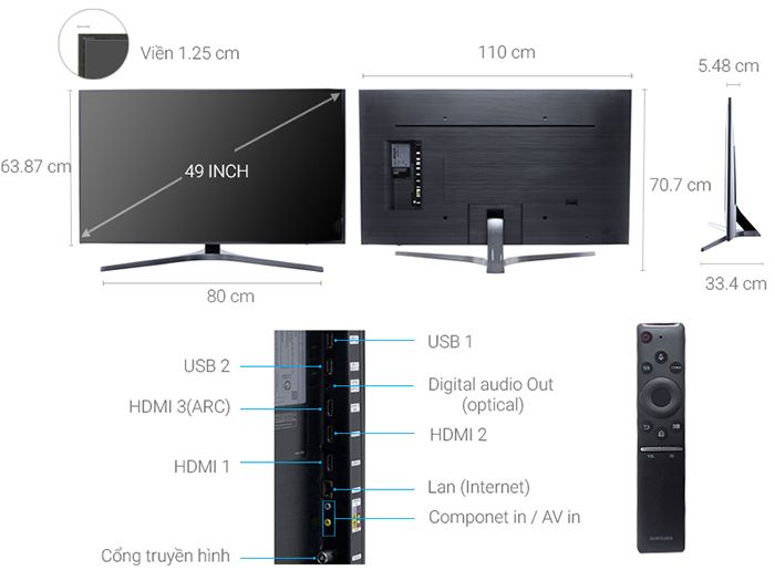 Tivi Samsung Smart 4K HDR 49 inch UA49MU6400 kích thước