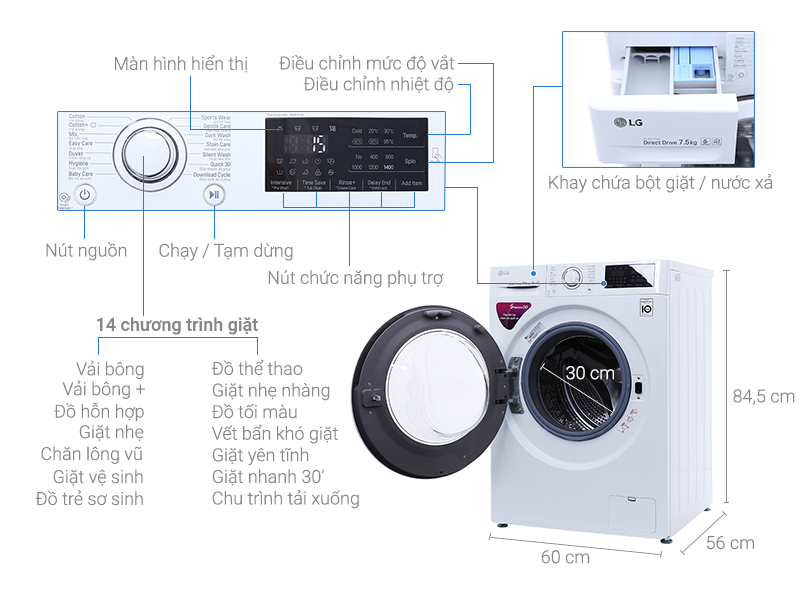 MÁY GIẶT 7.5KG LG FC1475N5W2 LỒNG NGANG INVERTER